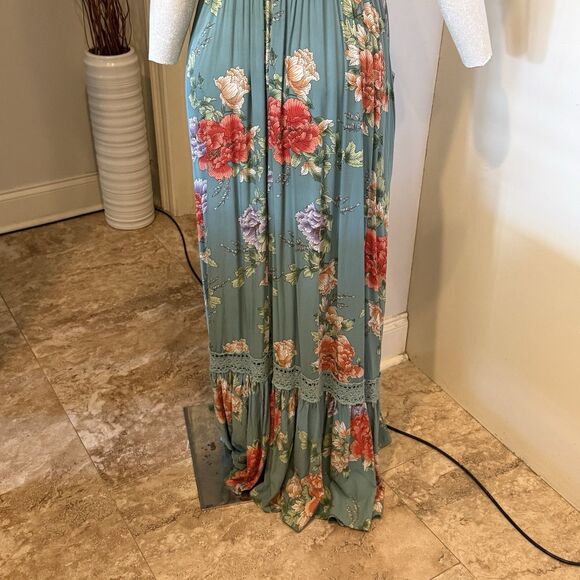 JAASE Maxi Dress Smocked Waist Green Floral Size Large BOHO Cottage Core Indiana - Picture 4 of 6